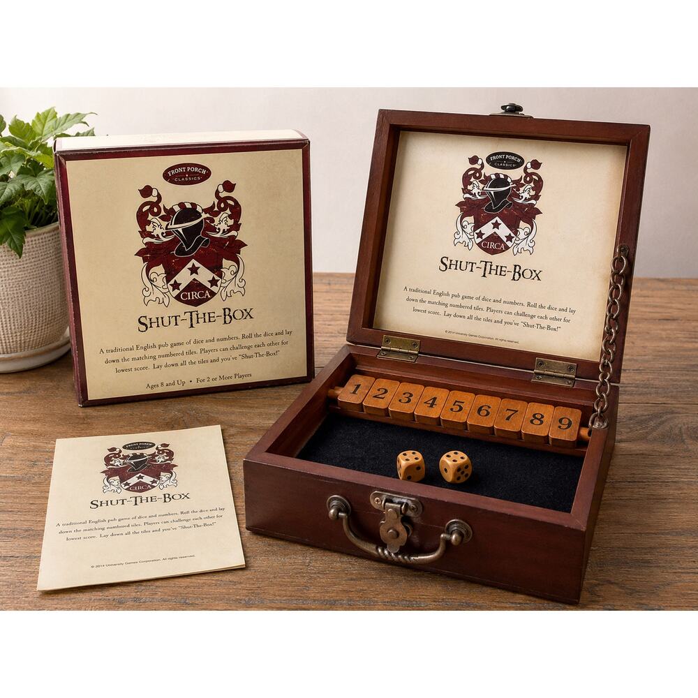 Front Porch Classics Shut The Box Wooden Pub Dice Game Wood Box Complete